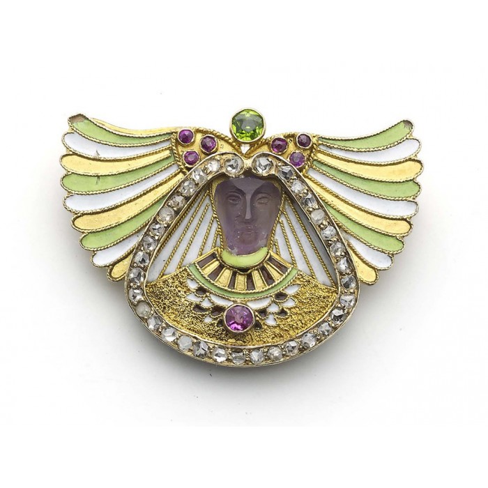 Egyptian Revival Carved Amethyst and Gem-Set Brooch Circa 1880